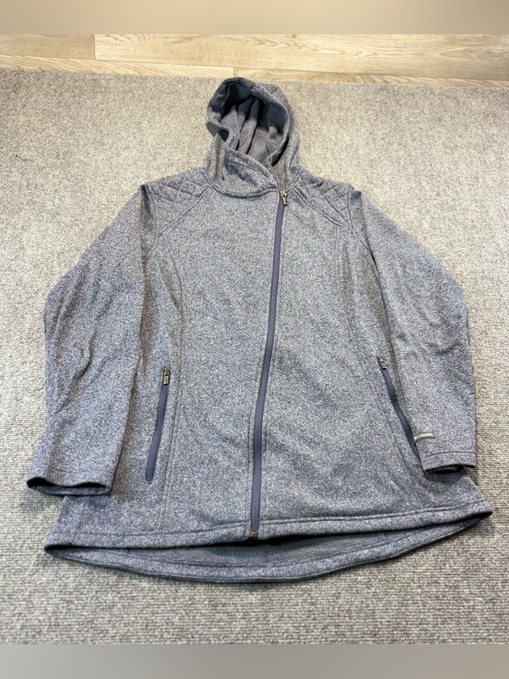 Columbia Womens L Fleece Hoodie Jacket Gray Asymmetrical Zip Quilted
Shoulder